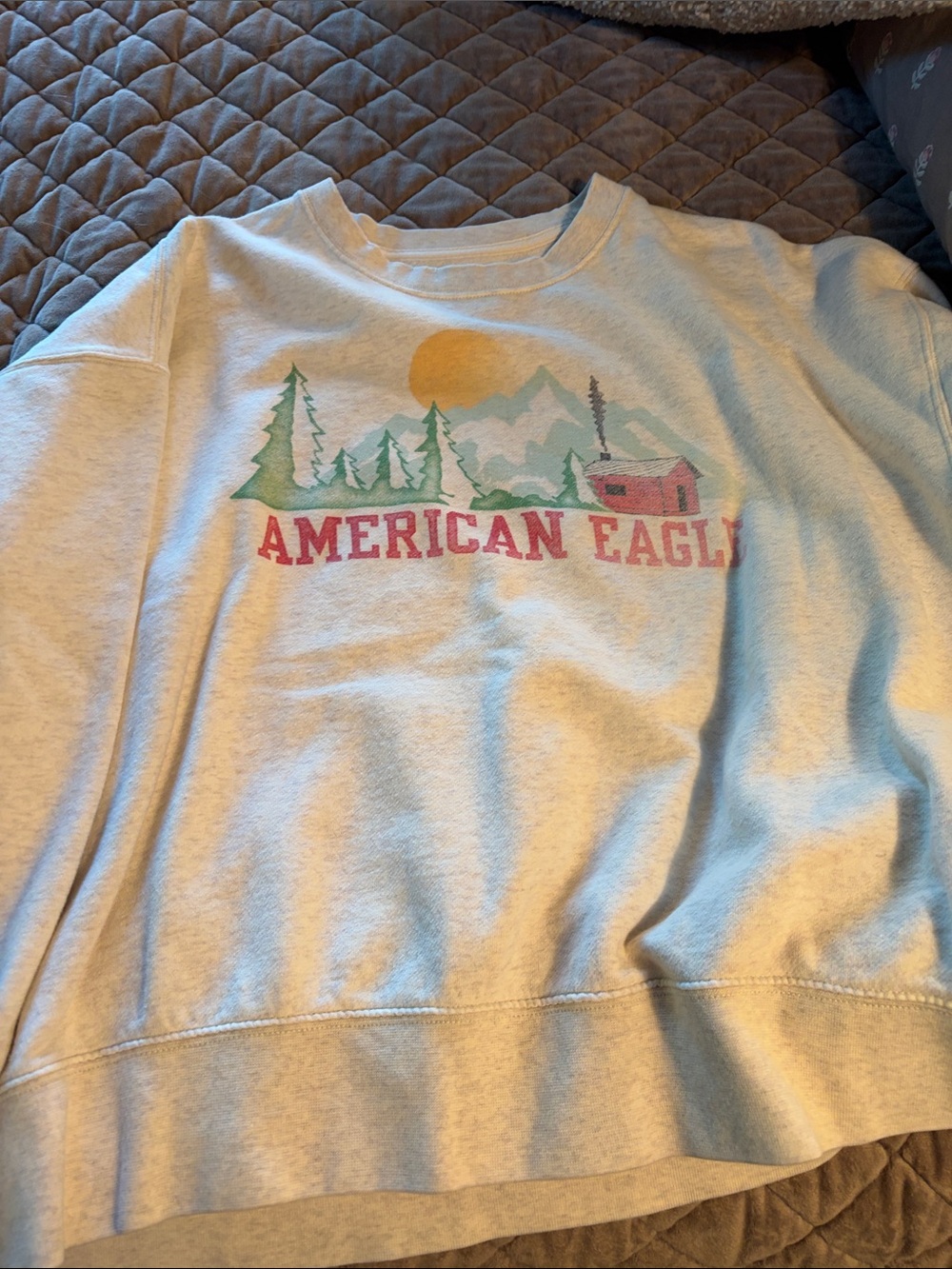 American Eagle Outfitters Light Cream Graphic Crewneck with Nature Scene